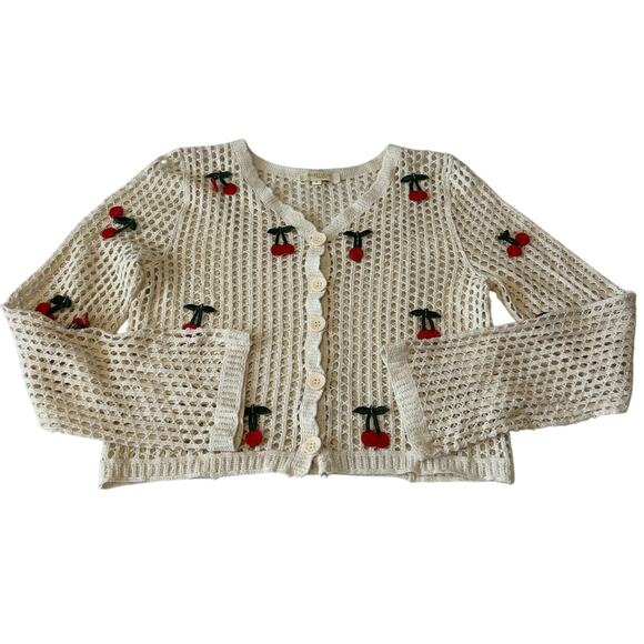 Rebellion Crocheted Cardigan Women's Open Knit Cherries Buttons Cropped Boho M - Picture 1 of 8